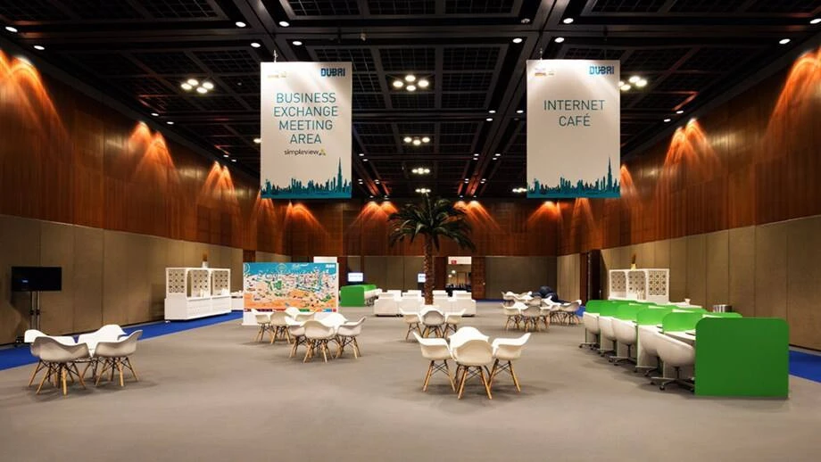 Spacious meeting area at Dubai World Trade Centre with seating arrangements.