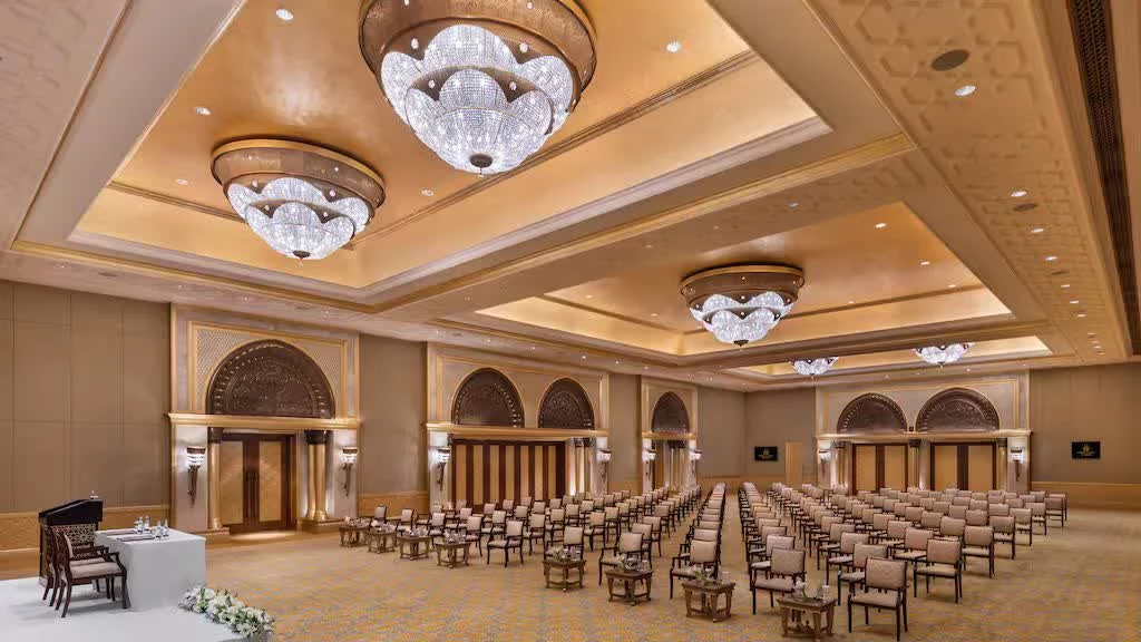 Luxurious ballroom with chandeliers at Emirates Palace, Abu Dhabi.