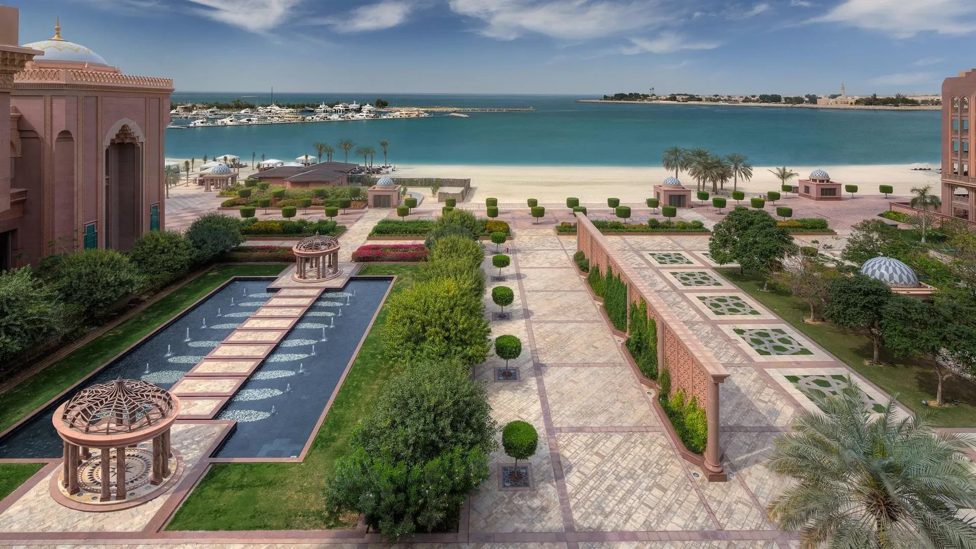 Emirates Palace gardens overlooking the sea, Abu Dhabi.