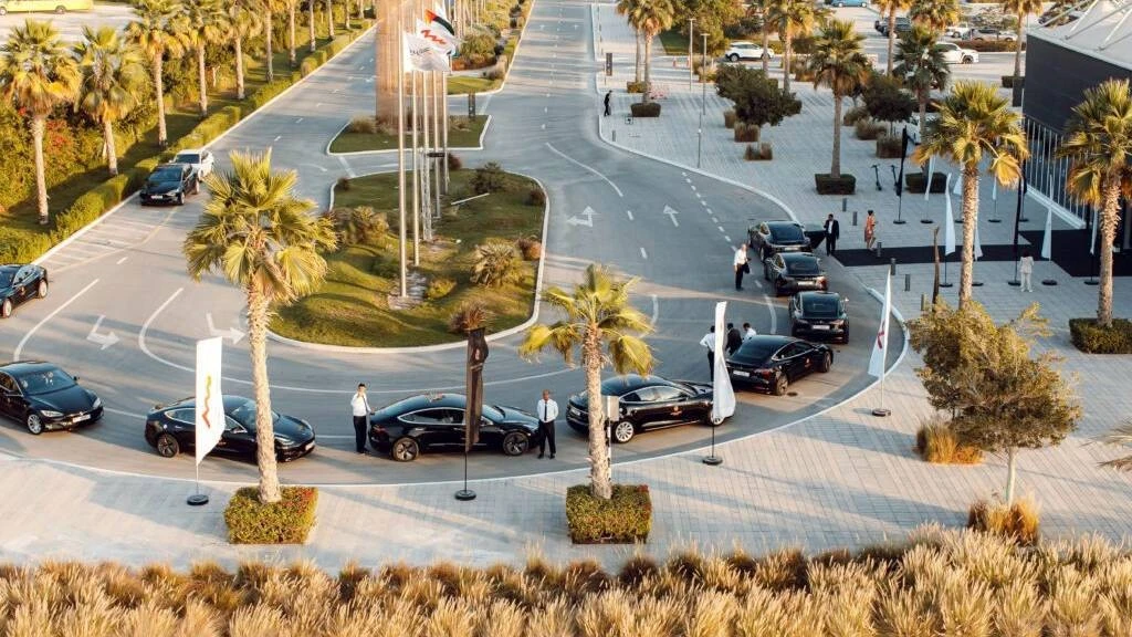 Cars lined up at Al Hamra International Exhibition Center, Ras Al-Khaimah.