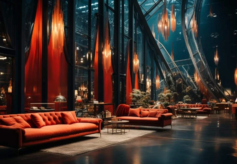 Luxurious lounge area at The Arena Riyadh Venue, red sofas, modern decor.