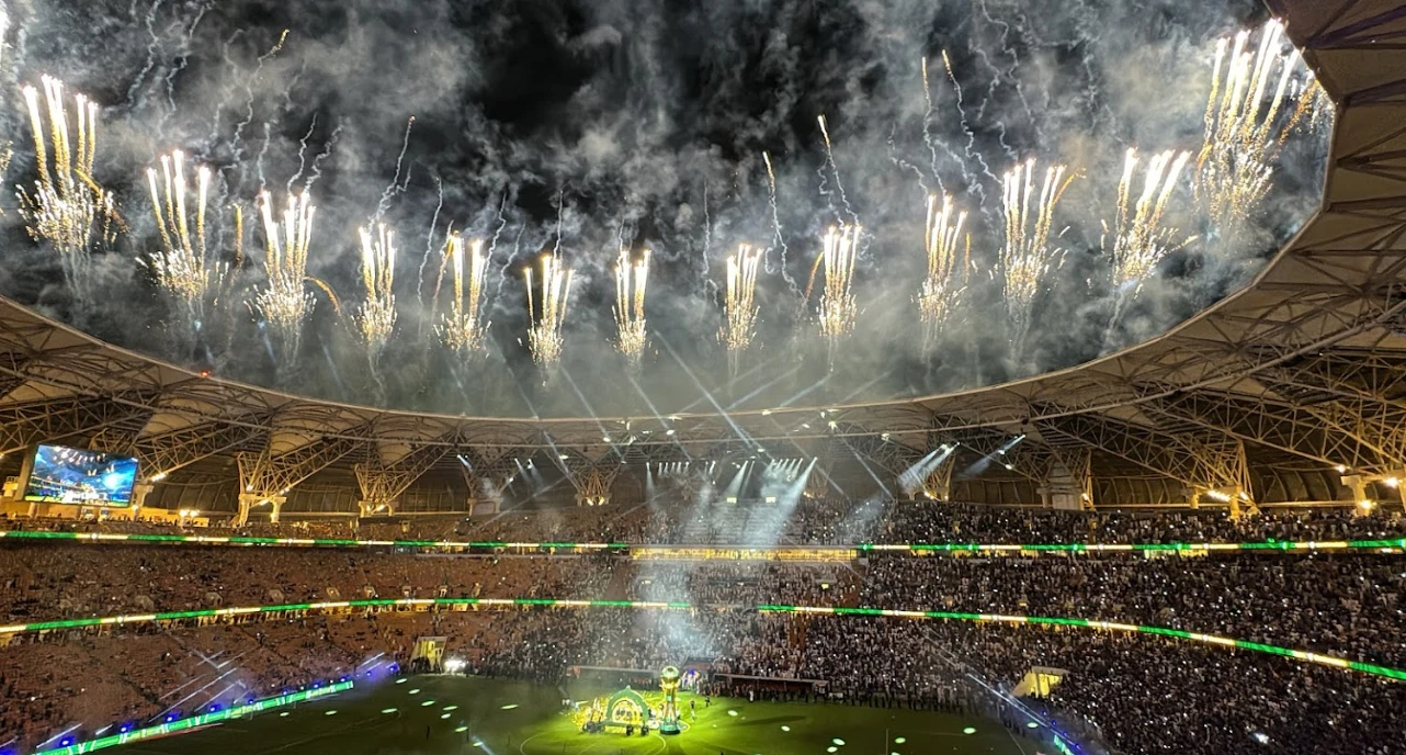 Fireworks display at King Abdullah Sport City, Jeddah stadium event.