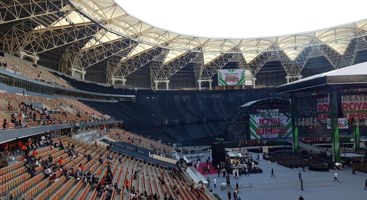 King Abdullah Sport City stadium interior, Jeddah, with event setup.