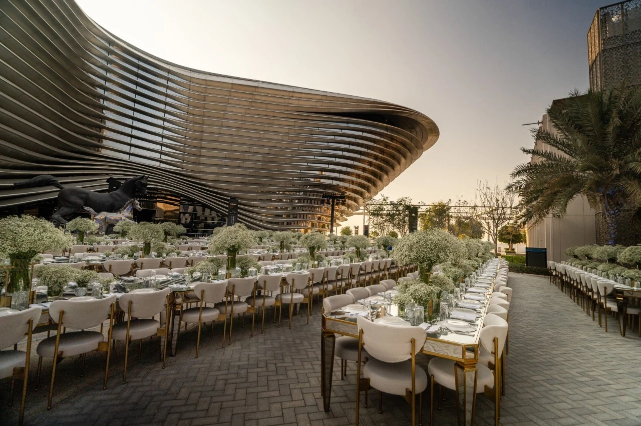 Elegant outdoor dining setup at Expo City Dubai's Alif South Space.